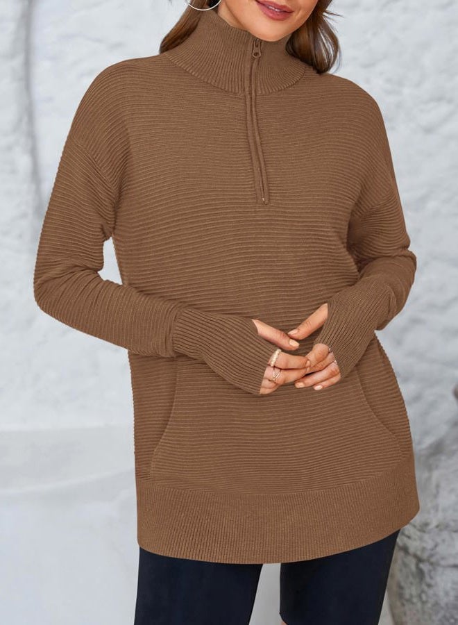 BTFBM Sweaters for Women Fall Clothes 2025 Pocket Quarter Zip Pullover V Neck Long Sleeve Knit Trendy Winter Sweater, Brown, XL - Image 5