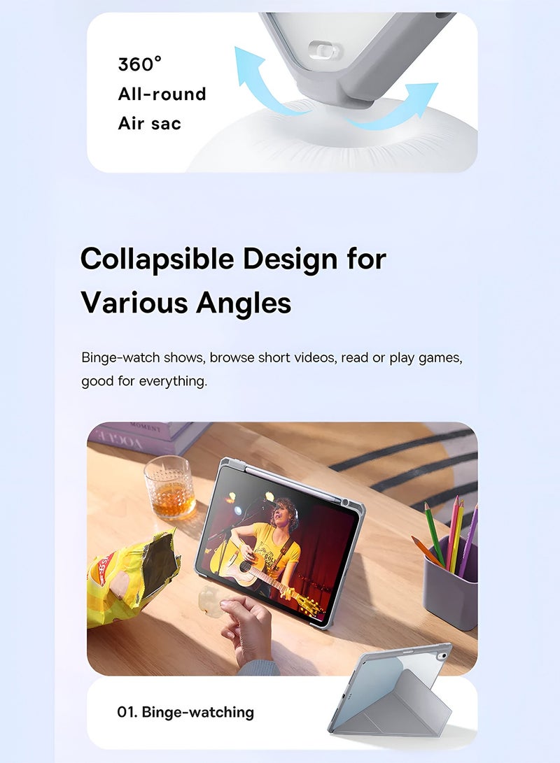 دبليو تيك ابل ايباد اير 2025 (الجيل السابع) M3 11 بوصة Symmetry 360 سلسلة ذكية فوليو ملمس جلد استيقاظ تلقائي / نوم تلقائي وظهر شفاف مع غطاء حافظة حامل قلم - رمادي - Image 3