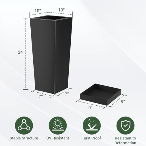 Toriexon Metal Tall Outdoor Planters Set of 2, 24 inch Durable Tall Planters with Rust-Proof Coating & Drainage Insert Shelve & Trays, Black Outdoor Planters for Porch, Garden, Patio, Yard - Image 2