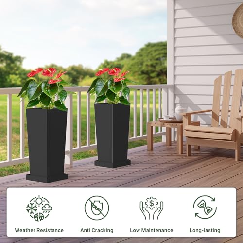 Toriexon Metal Tall Outdoor Planters Set of 2, 24 inch Durable Tall Planters with Rust-Proof Coating & Drainage Insert Shelve & Trays, Black Outdoor Planters for Porch, Garden, Patio, Yard - Image 3