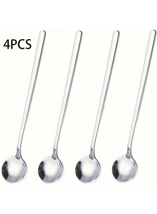4pcs Silver Stainless Steel Long Handle Teaspoons For Coffee Tea Mixing Durable Kitchen Accessories - Image 1