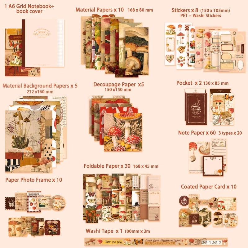 RANUR Vintage Aesthetic Scrapbook Kit With Stickers Art Bullet Junk Journal Kit With Journaling Or Scrapbooking Supplies Journal Planners Paper Stickers Craft Notebook Collage MushroomMulticolor - Image 2