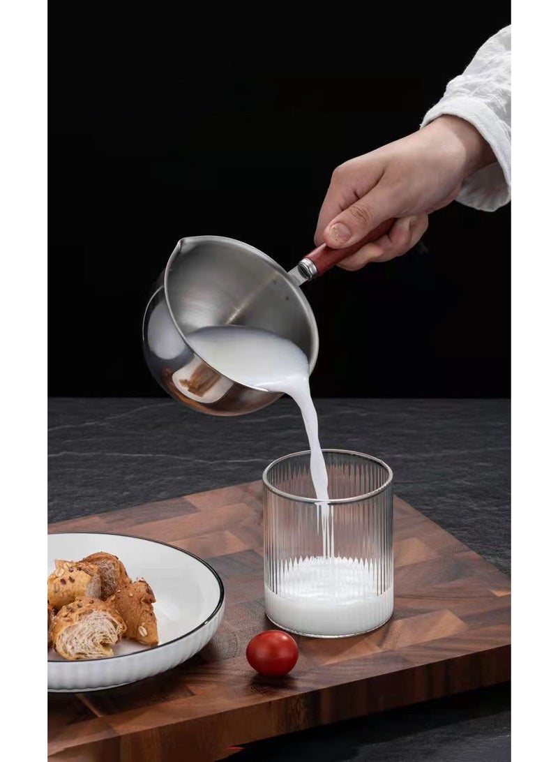 هومستر بريميوم 304 فولاذ مقاوم للصدأ 300 مل جسم مصغر مكتمل الصنع بمرآة مقابض خشب طبيعية مع معامل امتصاص متطابق مع الحث/الغاز/جميع أسطح المواقد مقاومة ممتازة للقهوة الفنية/الحليب الزبيب/الصلصة زبدة دقيقة للتحكم في مصفاة الصب الأساسية الباريستا وأداة الخبز - Image 1