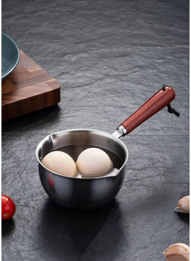 هومستر بريميوم 304 فولاذ مقاوم للصدأ 300 مل جسم مصغر مكتمل الصنع بمرآة مقابض خشب طبيعية مع معامل امتصاص متطابق مع الحث/الغاز/جميع أسطح المواقد مقاومة ممتازة للقهوة الفنية/الحليب الزبيب/الصلصة زبدة دقيقة للتحكم في مصفاة الصب الأساسية الباريستا وأداة الخبز - Image 4