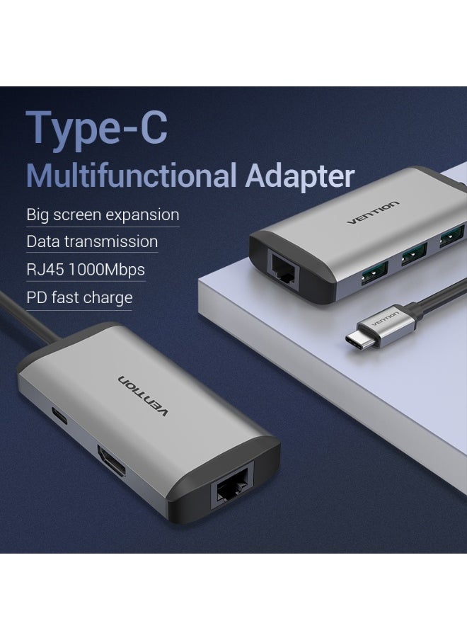 VENTION Type-C to HDMI/USB3.0*3/RJ45/PD Converter 0.15M Gray Metal Type Model # CNCHB