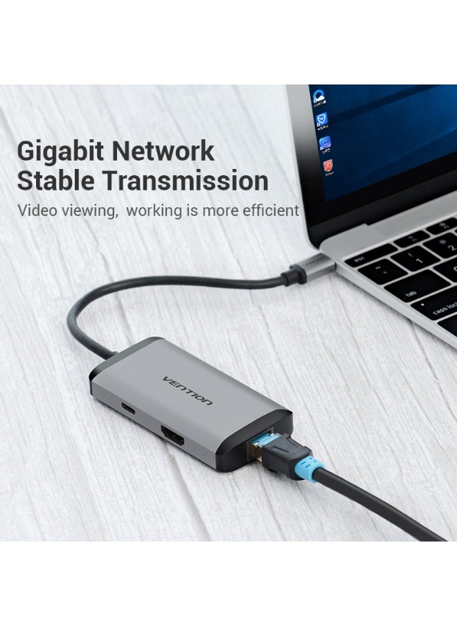 VENTION Type-C to HDMI/USB3.0*3/RJ45/PD Converter 0.15M Gray Metal Type Model # CNCHB