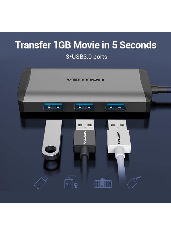 VENTION Type-C to HDMI/USB3.0*3/RJ45/PD Converter 0.15M Gray Metal Type Model # CNCHB
