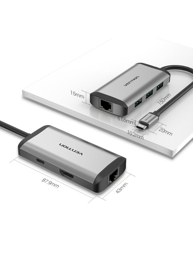 VENTION Type-C to HDMI/USB3.0*3/RJ45/PD Converter 0.15M Gray Metal Type Model # CNCHB