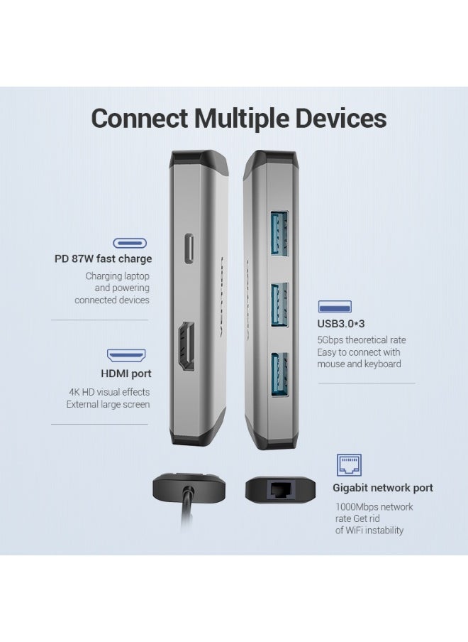 VENTION Type-C to HDMI/USB3.0*3/RJ45/PD Converter 0.15M Gray Metal Type Model # CNCHB