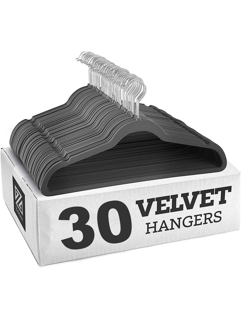 TYCOM Non-Slip Velvet Hangers Suit Hangers 30 Pack Ultra Thin Space Saving 360 Degree Swivel Hook Clothes Hangers Hold Up to 10 Lbs for Coats Jackets Pants Dress Clothe 30p Grey.  - Image 1