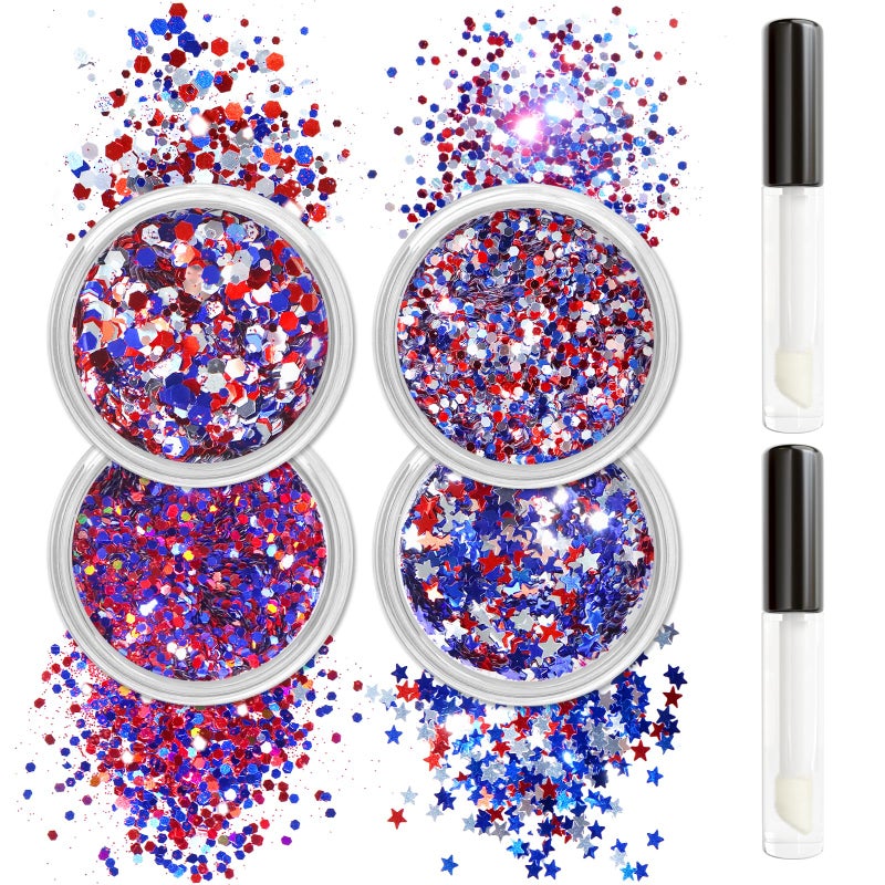 Allstarry Chunky Body Glitter 4 Colors Cosmetic Patriotic Face Glitter Independence Day Hair Sequins Sparkle Veterans Day Eye Flakes 4th of July Accessories for Olympics Party Women Face Paint Makeup - Image 1