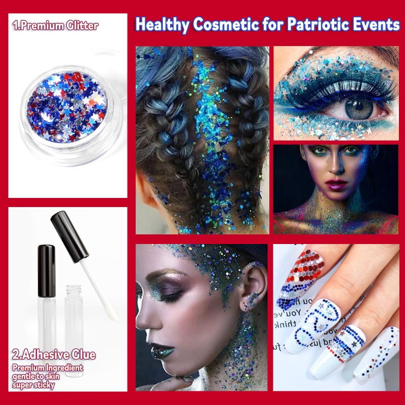 Allstarry Chunky Body Glitter 4 Colors Cosmetic Patriotic Face Glitter Independence Day Hair Sequins Sparkle Veterans Day Eye Flakes 4th of July Accessories for Olympics Party Women Face Paint Makeup - Image 5