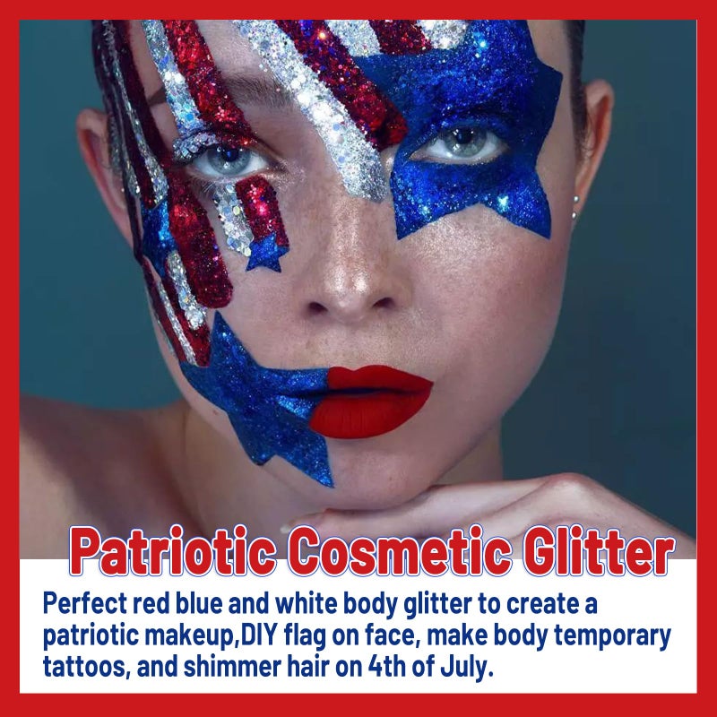 Allstarry Chunky Body Glitter 4 Colors Cosmetic Patriotic Face Glitter Independence Day Hair Sequins Sparkle Veterans Day Eye Flakes 4th of July Accessories for Olympics Party Women Face Paint Makeup - Image 2