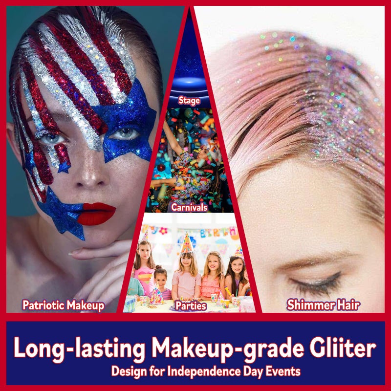 Allstarry Chunky Body Glitter 4 Colors Cosmetic Patriotic Face Glitter Independence Day Hair Sequins Sparkle Veterans Day Eye Flakes 4th of July Accessories for Olympics Party Women Face Paint Makeup - Image 4