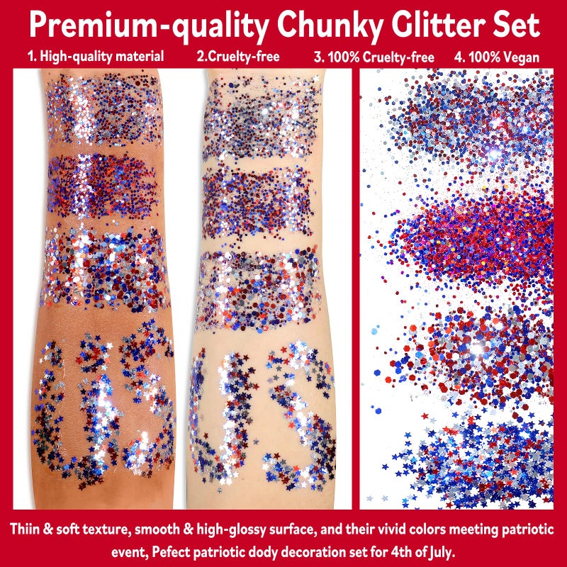 Allstarry Chunky Body Glitter 4 Colors Cosmetic Patriotic Face Glitter Independence Day Hair Sequins Sparkle Veterans Day Eye Flakes 4th of July Accessories for Olympics Party Women Face Paint Makeup - Image 3