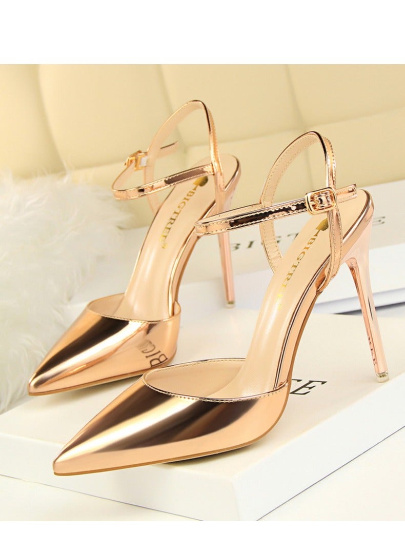 BIGTREE حذاء بكعب رفيع 10.5 سم بكعب عالٍ للغاية وفم ضحل وأصابع حادة من الجلد اللامع بكعب عالٍ رفيع للنساء باللون الذهبي الداكن - Image 1