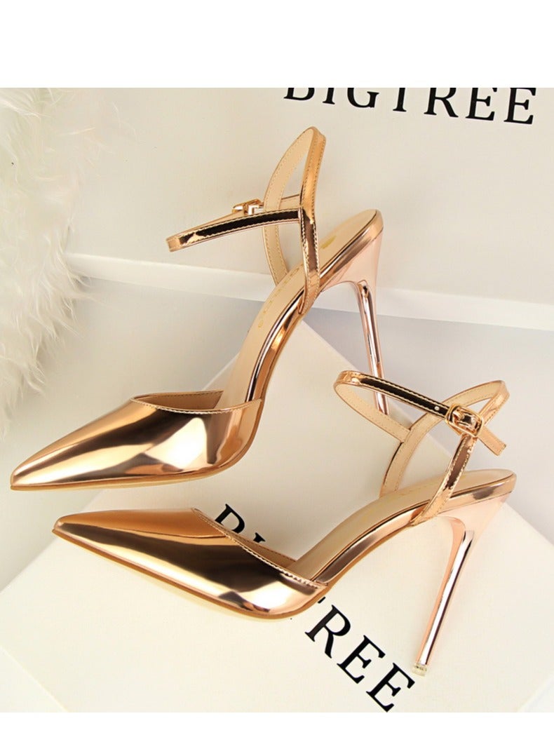 BIGTREE حذاء بكعب رفيع 10.5 سم بكعب عالٍ للغاية وفم ضحل وأصابع حادة من الجلد اللامع بكعب عالٍ رفيع للنساء باللون الذهبي الداكن - Image 2