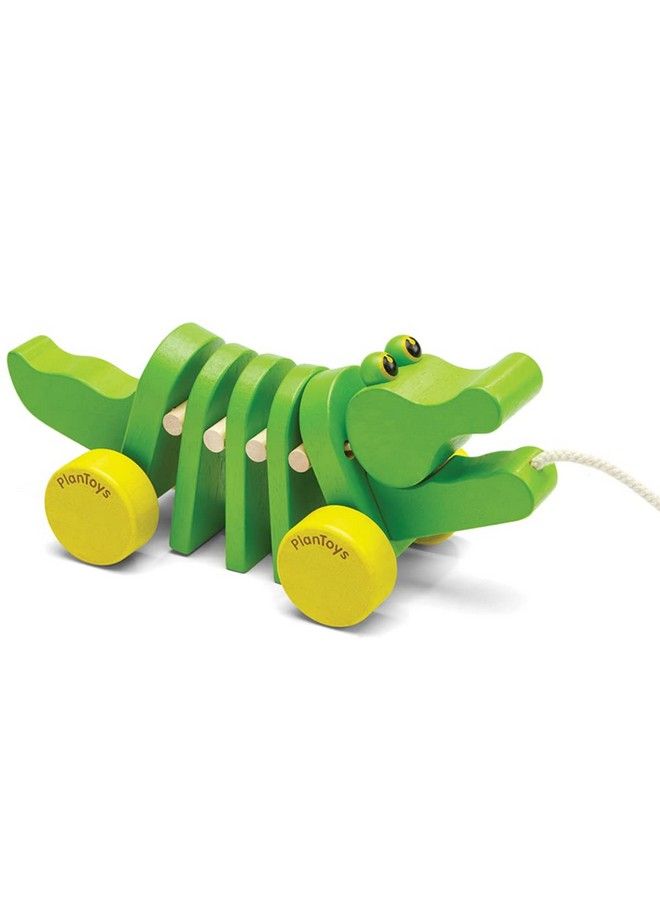 PlanToys Dancing Alligator Push & Pull Toy Sustainably Made From Rubberwood With 3 Organic Pigment Color Options And Makes Click Clack Sounds And Dancing Movements When Pulled (Natural) - Image 2