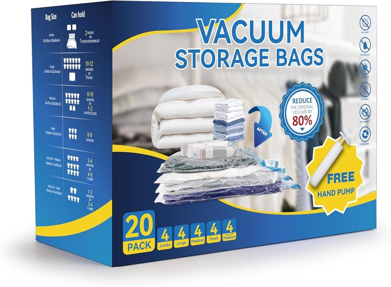 Simple Deluxe 20 Pack Space Saver Bags (4 Jumbo/4 Large/4 Medium/4 Small/4 Roll M) Vacuum Storage Bags  Vacuum Seal Bags with Hand Pump for Comforters  Blankets  Bedding  Pillows and Clothes - Image 1