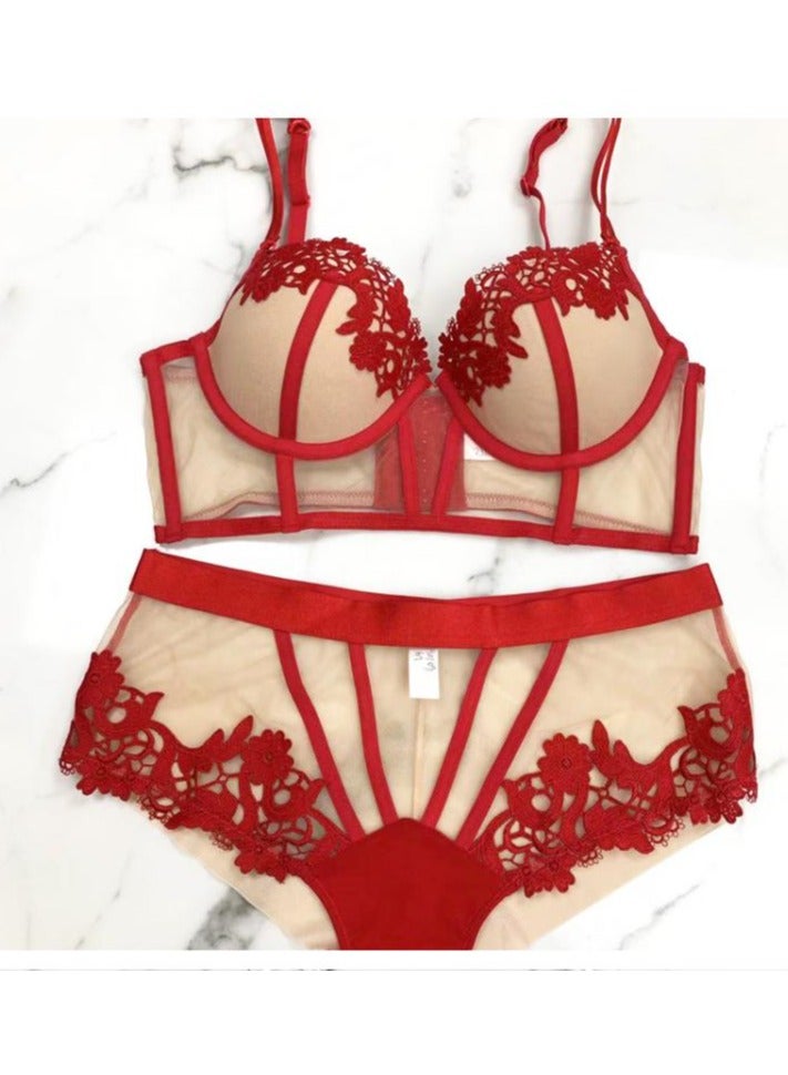 KUYING New Vine Jacquard Half Cup Lace Bra Small Chest Gathering Anti Drop Bra Set - Image 4