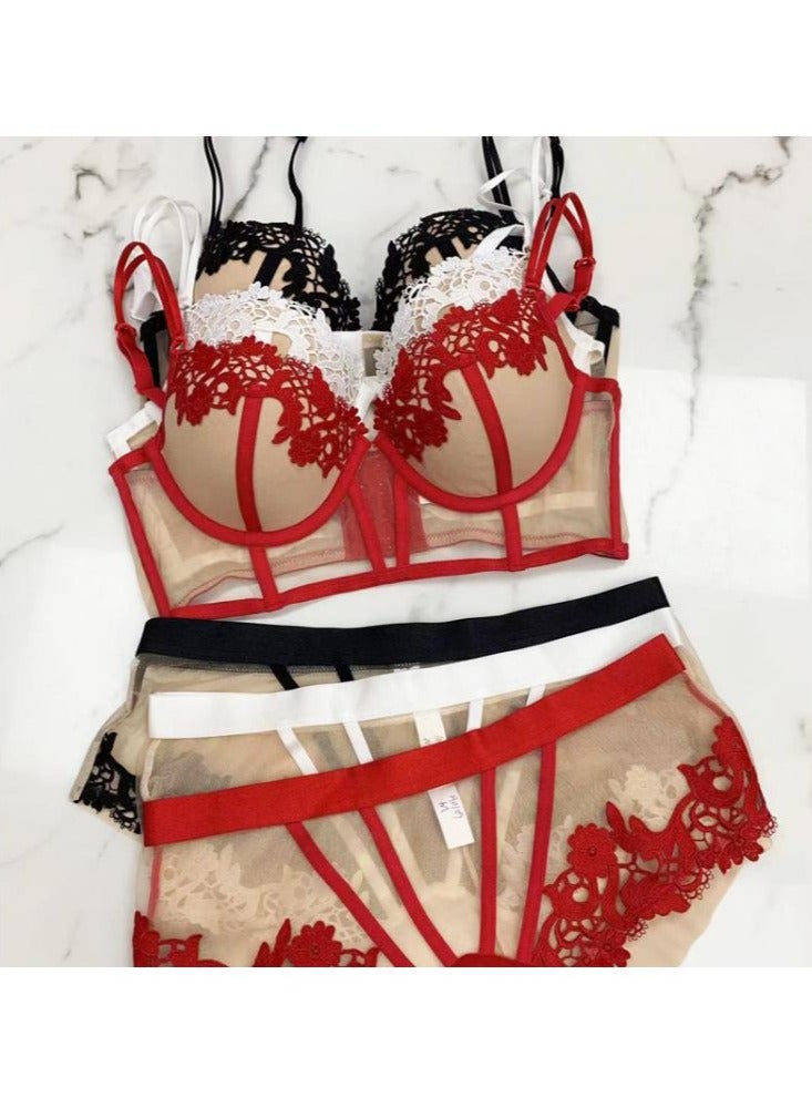 KUYING New Vine Jacquard Half Cup Lace Bra Small Chest Gathering Anti Drop Bra Set - Image 3