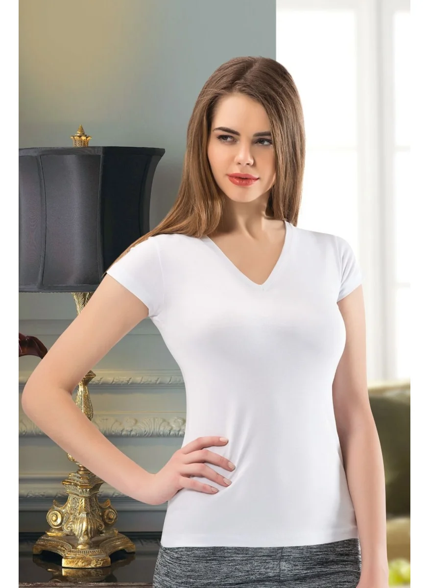 Anıt Lingerie Anıt 2840 Women's White V Neck Short Sleeve Undershirt