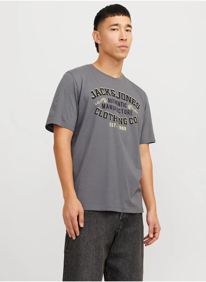 جاك اند جونز Logo Print Cotton Round Neck T-Shirt