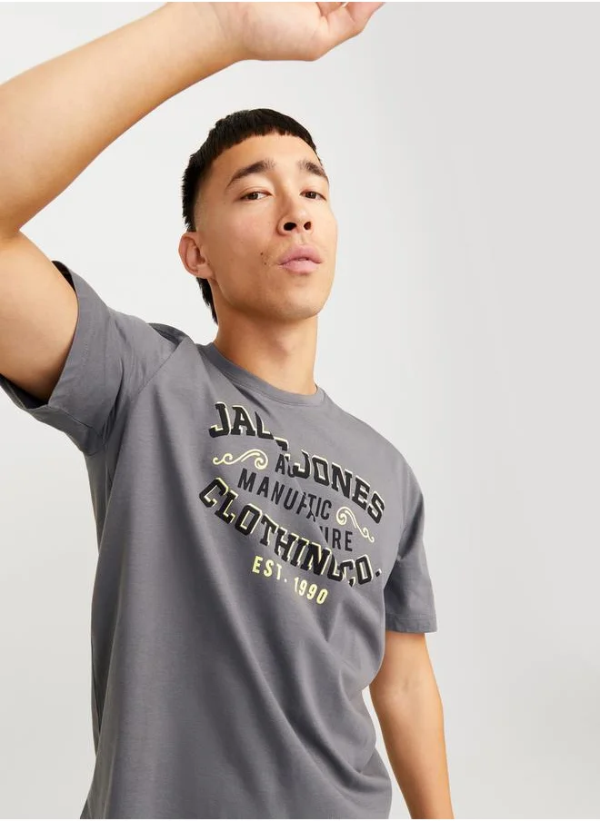 جاك اند جونز Logo Print Cotton Round Neck T-Shirt