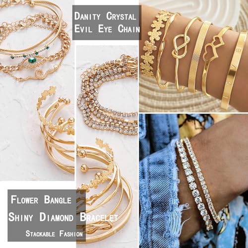 17IF 38 Pcs(9 Pack) Gold Plated Jewelry Set For Women With 9 Necklace 15 Bracelet 5 Big Diamond Ring 3 Sparkle Ear Cuff 6 Pair Earring Hoop For Happy - Image 3