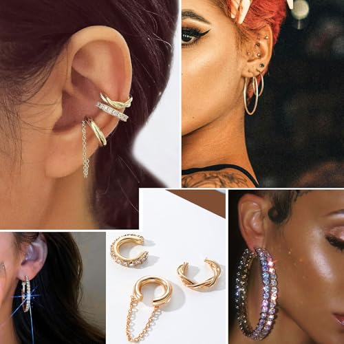 17IF 38 Pcs(9 Pack) Gold Plated Jewelry Set For Women With 9 Necklace 15 Bracelet 5 Big Diamond Ring 3 Sparkle Ear Cuff 6 Pair Earring Hoop For Happy - Image 4