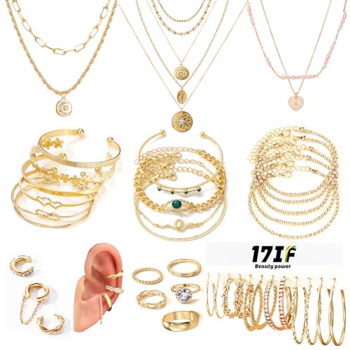 17IF 38 Pcs(9 Pack) Gold Plated Jewelry Set For Women With 9 Necklace 15 Bracelet 5 Big Diamond Ring 3 Sparkle Ear Cuff 6 Pair Earring Hoop For Happy - Image 1