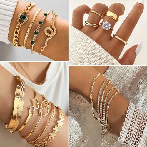 17IF 38 Pcs(9 Pack) Gold Plated Jewelry Set For Women With 9 Necklace 15 Bracelet 5 Big Diamond Ring 3 Sparkle Ear Cuff 6 Pair Earring Hoop For Happy - Image 5