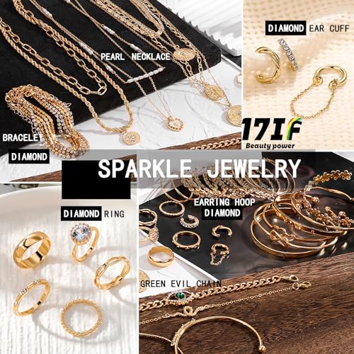 17IF 38 Pcs(9 Pack) Gold Plated Jewelry Set For Women With 9 Necklace 15 Bracelet 5 Big Diamond Ring 3 Sparkle Ear Cuff 6 Pair Earring Hoop For Happy - Image 2