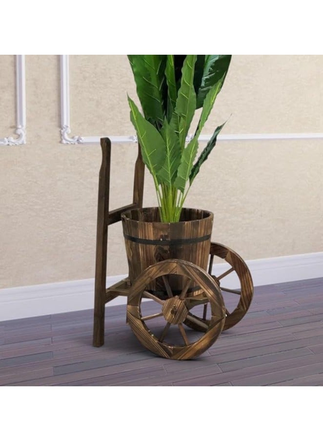 LINGWEI Rustic Wooden Planter with Two Wheels Decorative Flower Pot Trolley for Indoor and Outdoor Gardening Vintage Wooden Flower Bucket for Patio Lawn and Backyard Garden Decoration - Image 3