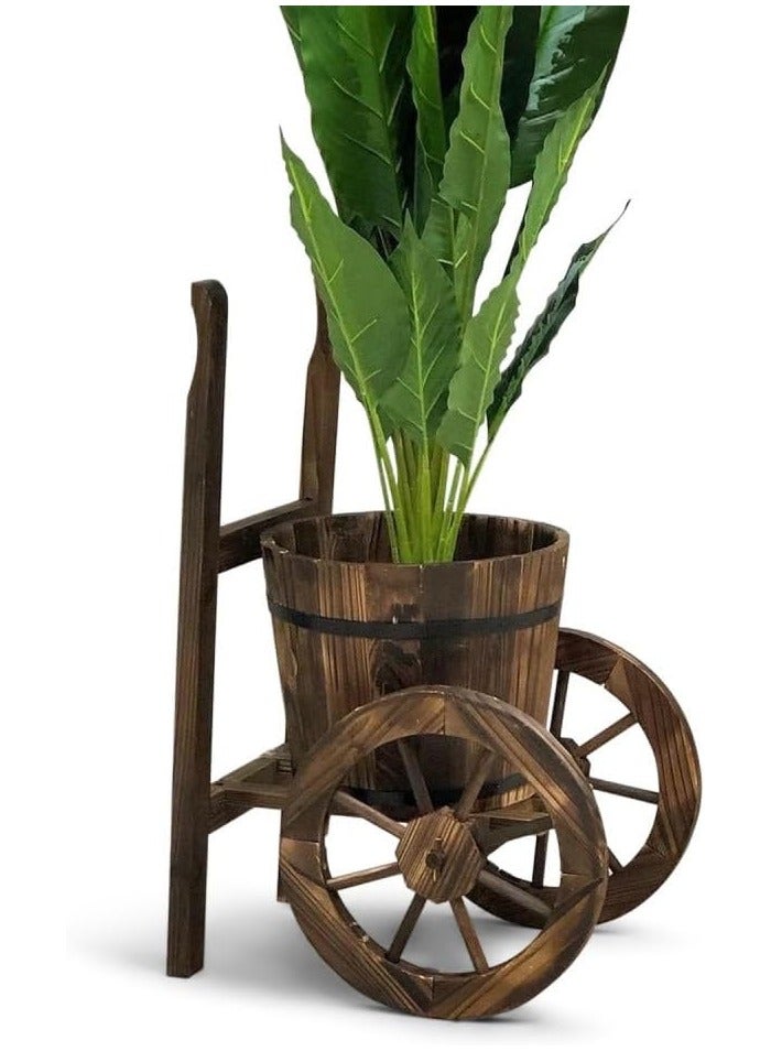 LINGWEI Rustic Wooden Planter with Two Wheels Decorative Flower Pot Trolley for Indoor and Outdoor Gardening Vintage Wooden Flower Bucket for Patio Lawn and Backyard Garden Decoration - Image 5