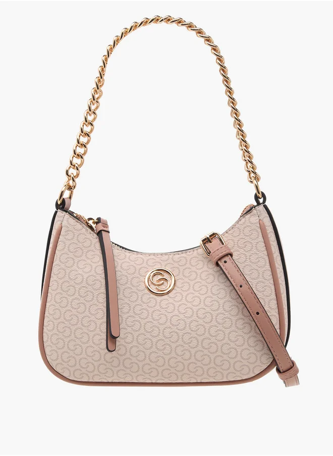 سيليست Monogram Print Cross Body Bag with Zip Closure and Detachable Strap