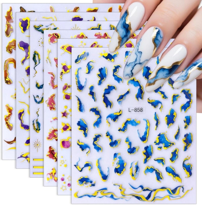 Maigitur 6Sheets Marble Nail Stickers Colorful Wave Line Nail Decals Hot Stamping Nail Designs Ribbon Nails Supplies 3D Self-Adhesive Ombre Gradient Gold Nails Art Stickers for Women DIY Manicure - Image 1