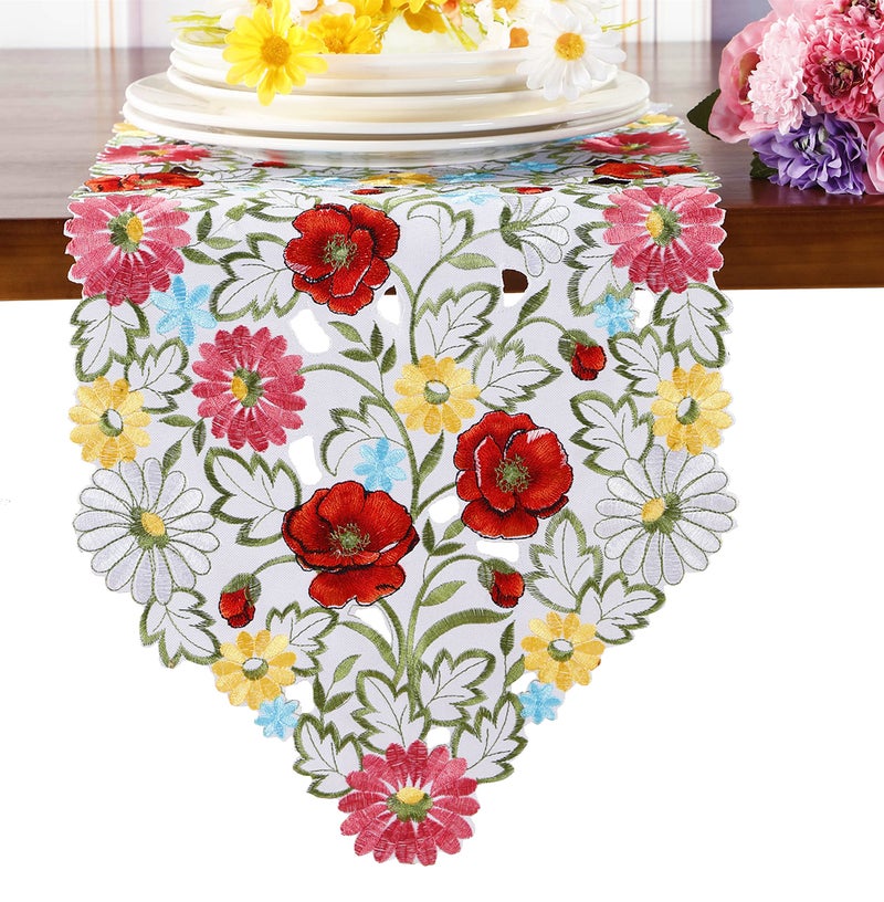 GRANDDECO Spring Flower Table Runner Embroidered Flowery Table Placemats Floral Cutwork Table Doily Home Kitchen Dining Spring/Summer Tabletop Decoration Red (Runner 13""?36""  Floral Table Runner Red) - Image 1