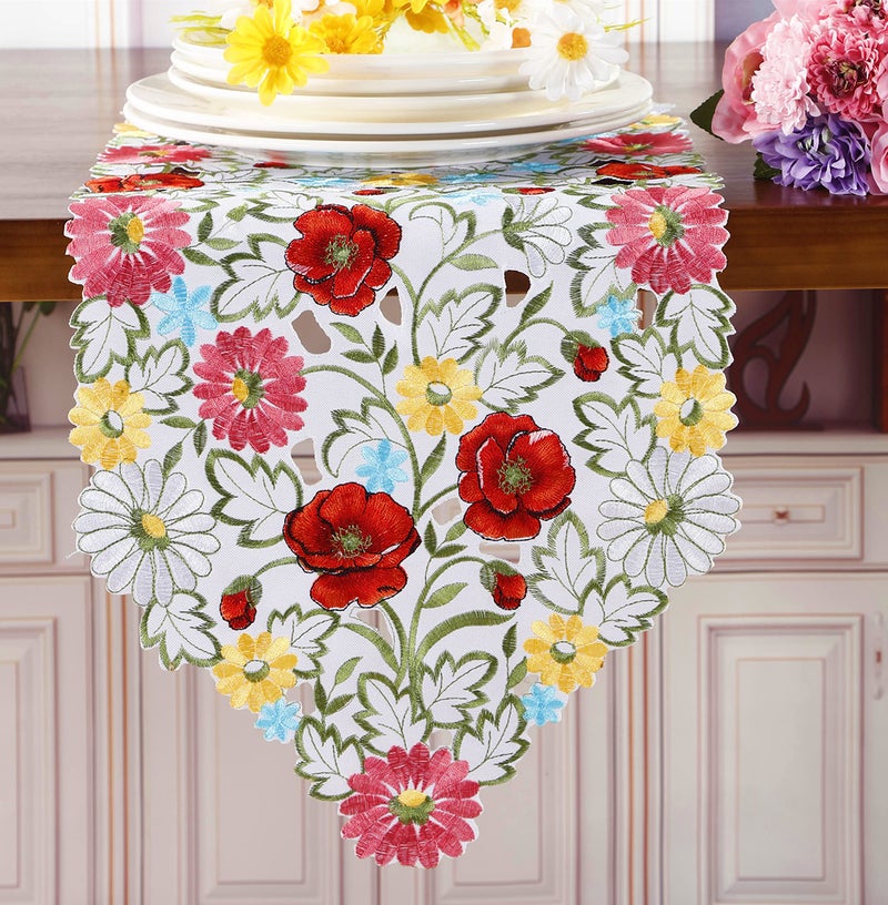 GRANDDECO Spring Flower Table Runner Embroidered Flowery Table Placemats Floral Cutwork Table Doily Home Kitchen Dining Spring/Summer Tabletop Decoration Red (Runner 13""?36""  Floral Table Runner Red) - Image 3