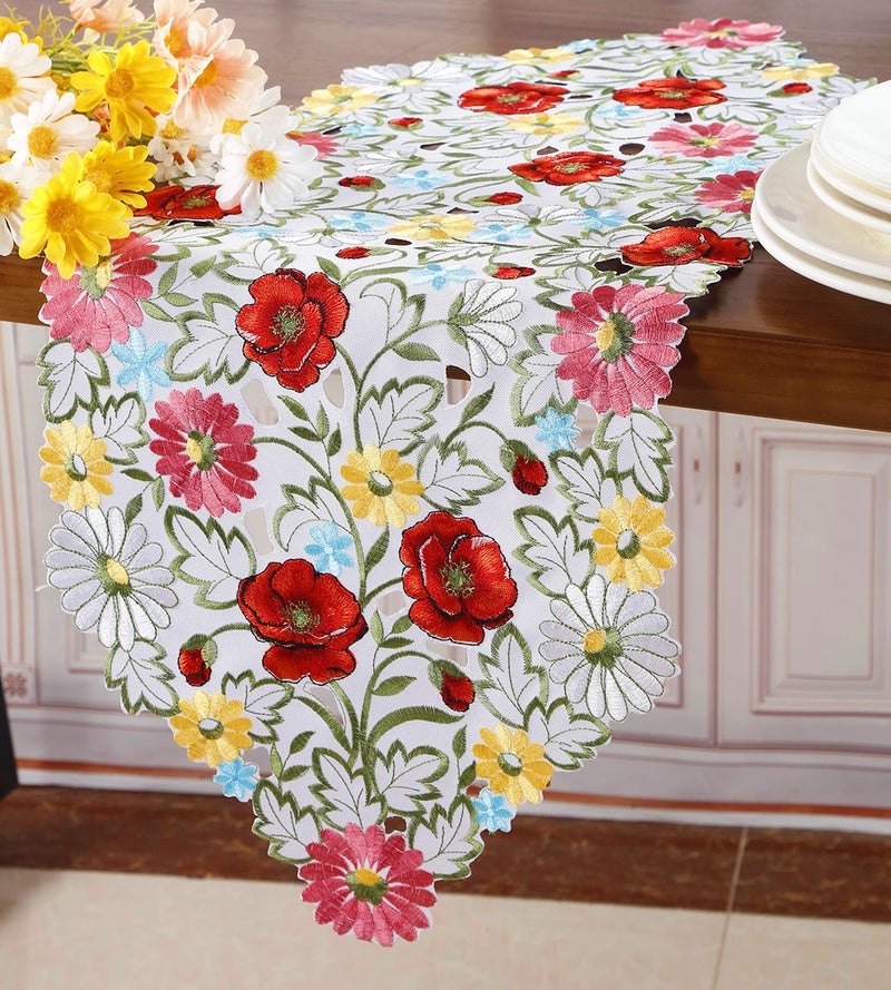 GRANDDECO Spring Flower Table Runner Embroidered Flowery Table Placemats Floral Cutwork Table Doily Home Kitchen Dining Spring/Summer Tabletop Decoration Red (Runner 13""?36""  Floral Table Runner Red) - Image 2