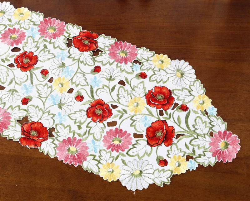 GRANDDECO Spring Flower Table Runner Embroidered Flowery Table Placemats Floral Cutwork Table Doily Home Kitchen Dining Spring/Summer Tabletop Decoration Red (Runner 13""?36""  Floral Table Runner Red) - Image 4