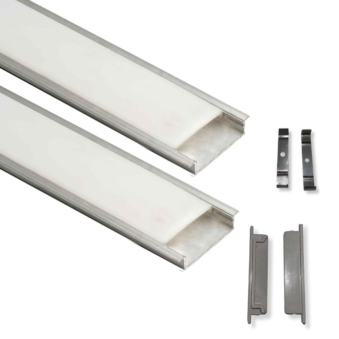 LIGHTING 50X12MM LED STRIP LIGHT 1METER ALUMINIUM RECTANGULAR CONCILED PROFILE LIGHT CHANNELS WITH DIFFUSED COVER END CAPS AND MOUNTING CLIPS WITHOUT LED STRAIGHT LINEAR PACK OF 2