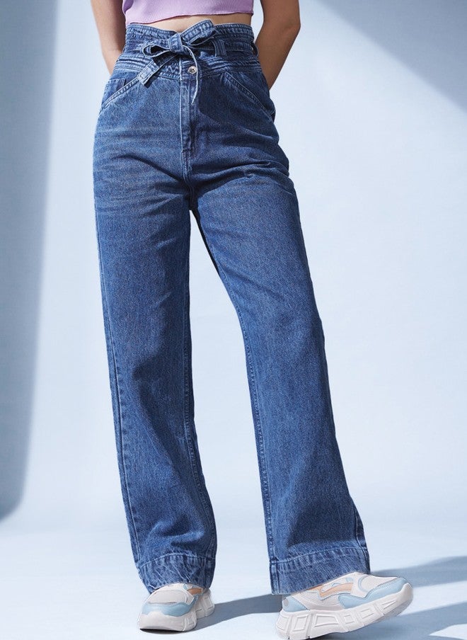 STREET 9 High-Rise Blue Straight Fit Jeans for Women - Image 1