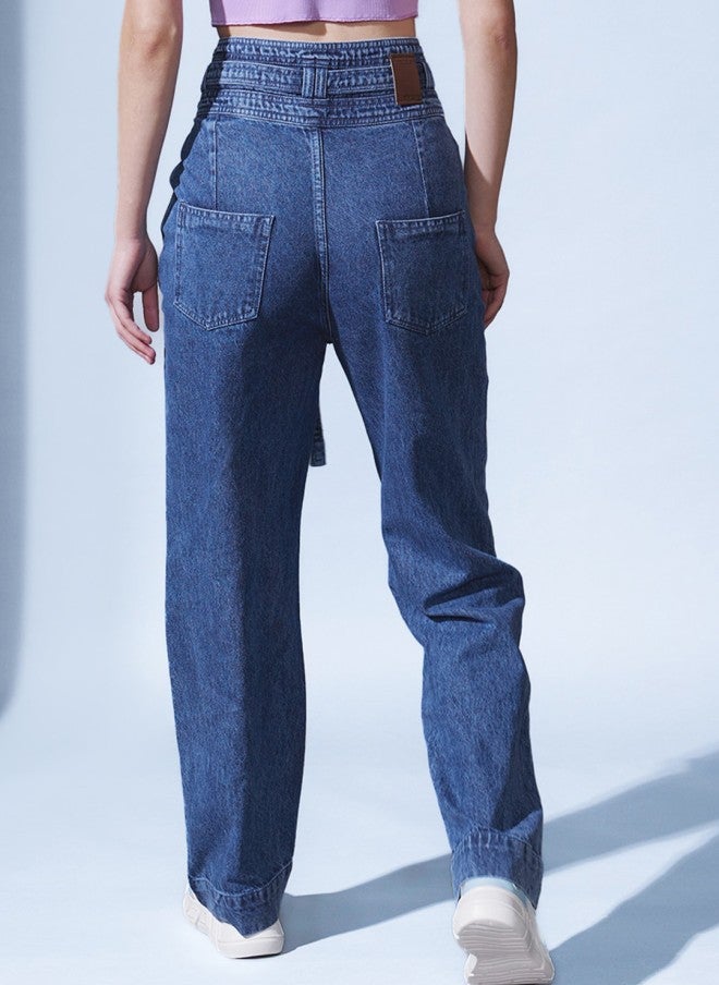 STREET 9 High-Rise Blue Straight Fit Jeans for Women - Image 3