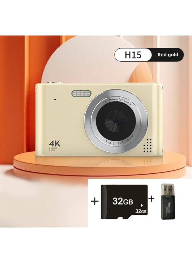 H15 HD Mini Student Digital Camera Can Take Pictures And Video Small SLR Integrated Camera-Color:Gold 32G Memory Card Reader  - Image 1