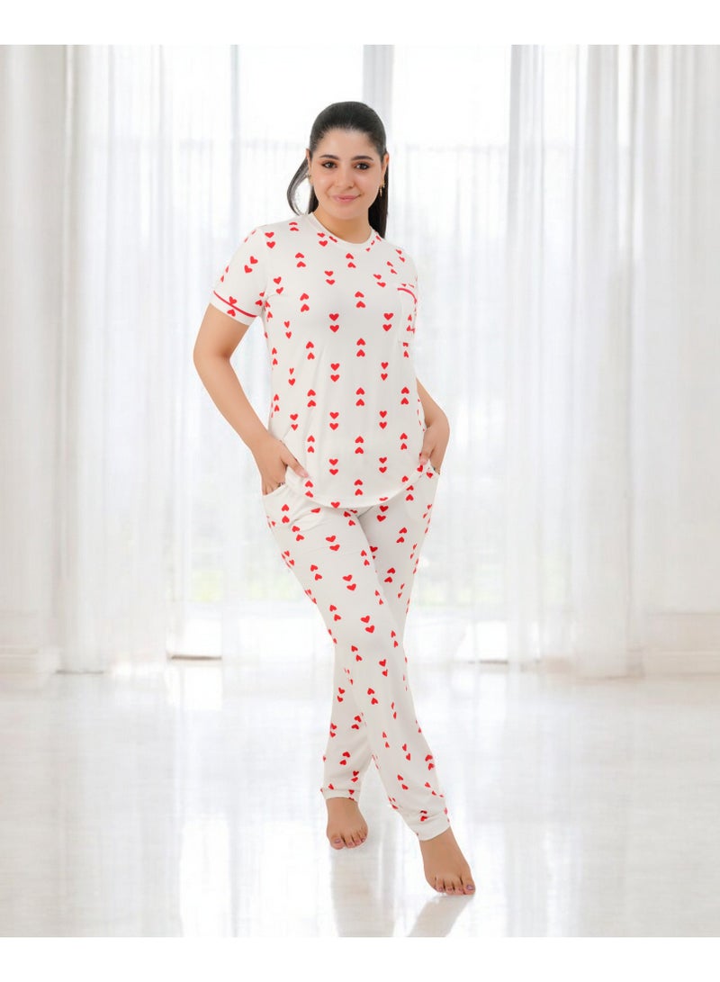 Women's pajama set - women's summer pajamas - 2-piece set of pants and T-shirt - patterned with different designs