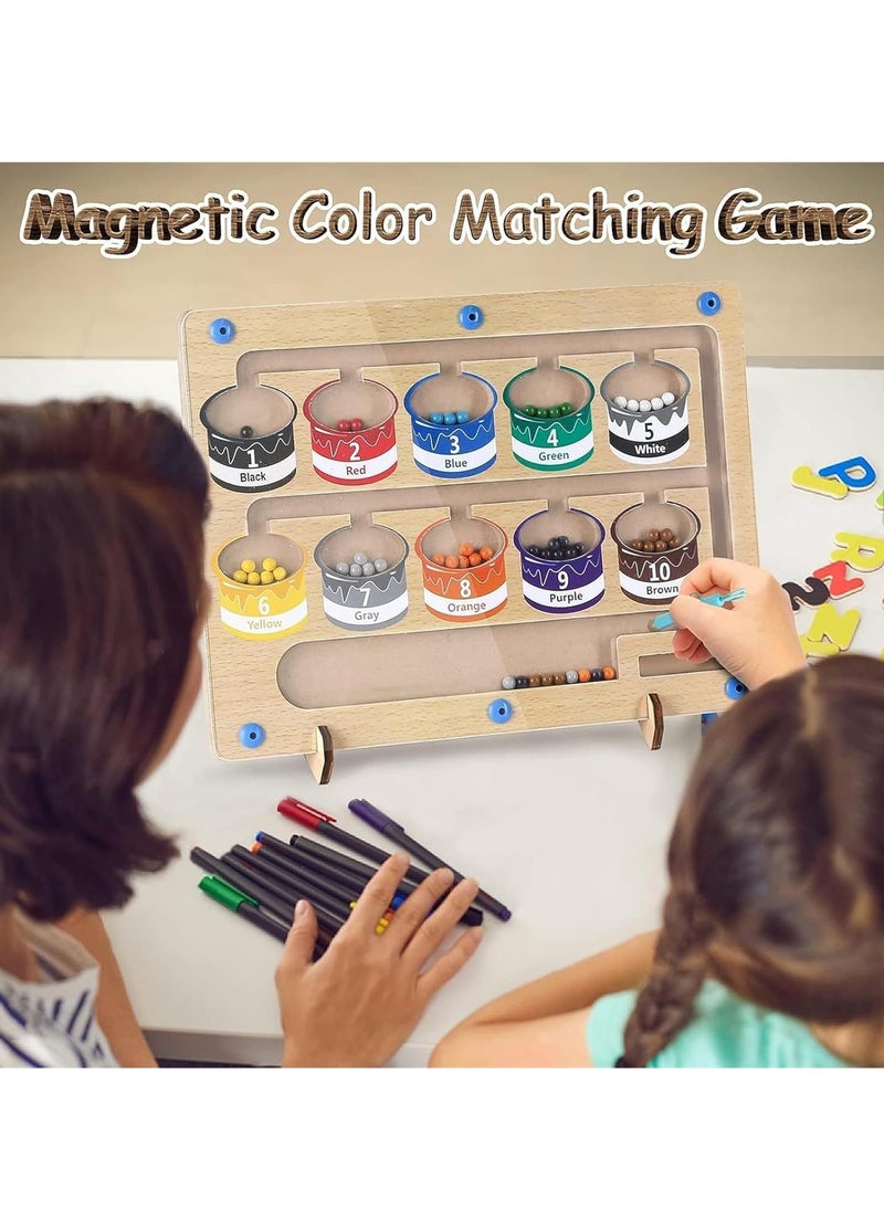 MIXDE - Wooden Magnetic Maze for Toddler, Magnetic Color and Number Maze, Montessori Wooden Color Matching Learning Counting Puzzle Board, Counting Matching Activities Fine Motor Skills Toys for Kids - Image 1