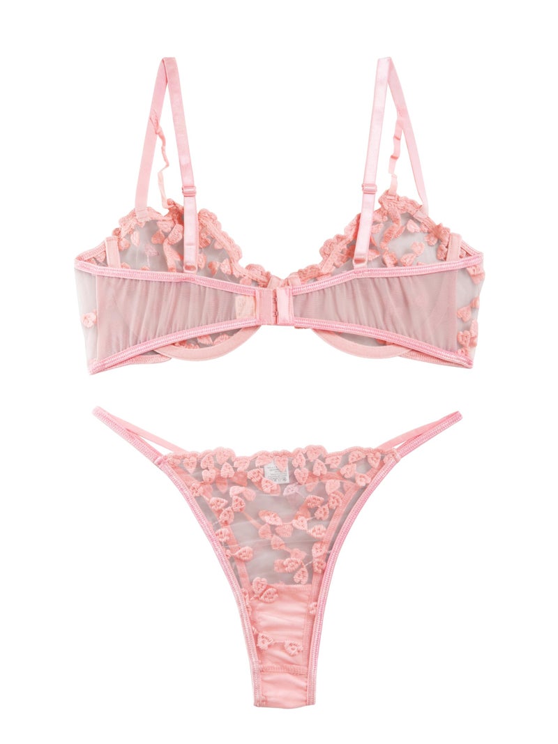 Lilosy Sexy Cute Underwire Push Up Strappy Heart Embroidered Mesh Sheer Lingerie Set for Women Bachelorette See Through Bra and Panty 2 Piece Pink Small - Image 3