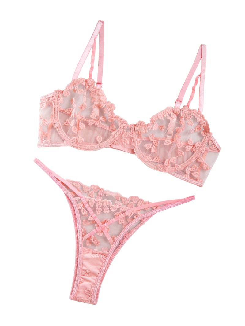 Lilosy Sexy Cute Underwire Push Up Strappy Heart Embroidered Mesh Sheer Lingerie Set for Women Bachelorette See Through Bra and Panty 2 Piece Pink Small - Image 2