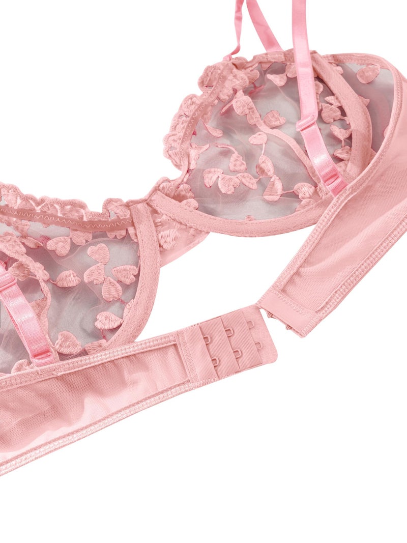Lilosy Sexy Cute Underwire Push Up Strappy Heart Embroidered Mesh Sheer Lingerie Set for Women Bachelorette See Through Bra and Panty 2 Piece Pink Small - Image 5